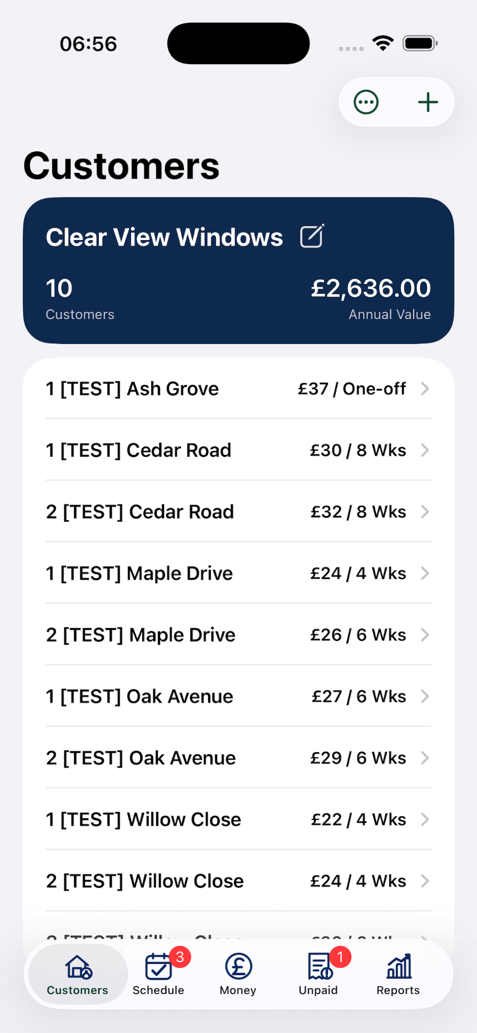 ClearRound Customers screen showing round value, customer addresses and job frequencies