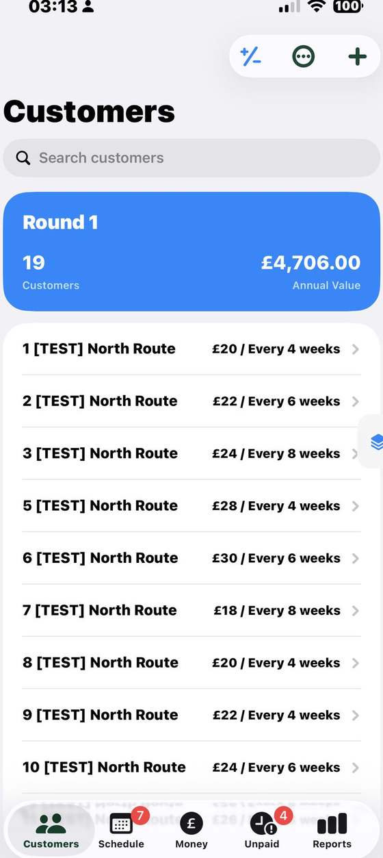 ClearRound Pro customer list filtered to one selected round