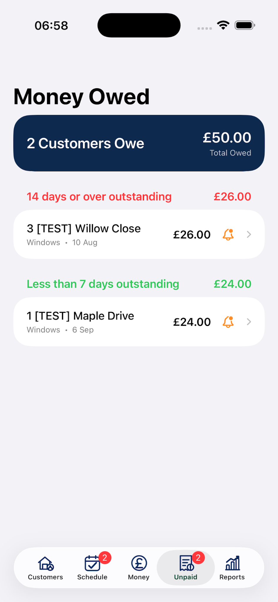ClearRound Money Owed screen on iPhone