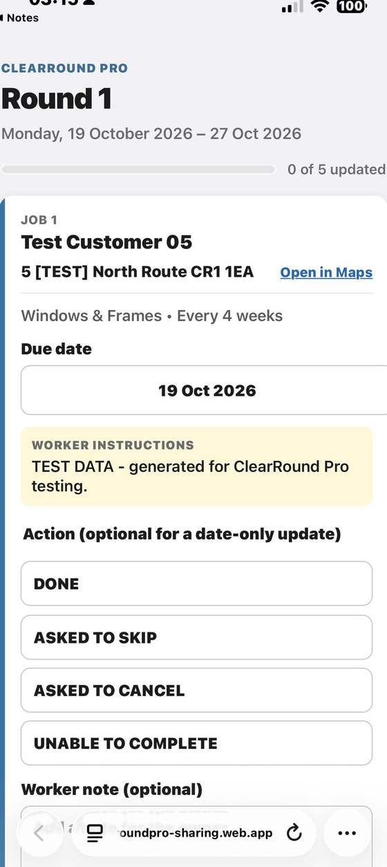 Worker sheet opened on a phone, showing assigned jobs, worker instructions and status actions