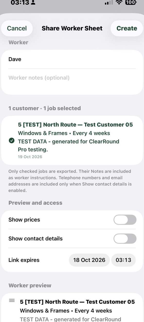 Worker sheet setup with worker notes, selected jobs, options to show prices and contact details, and link expiry